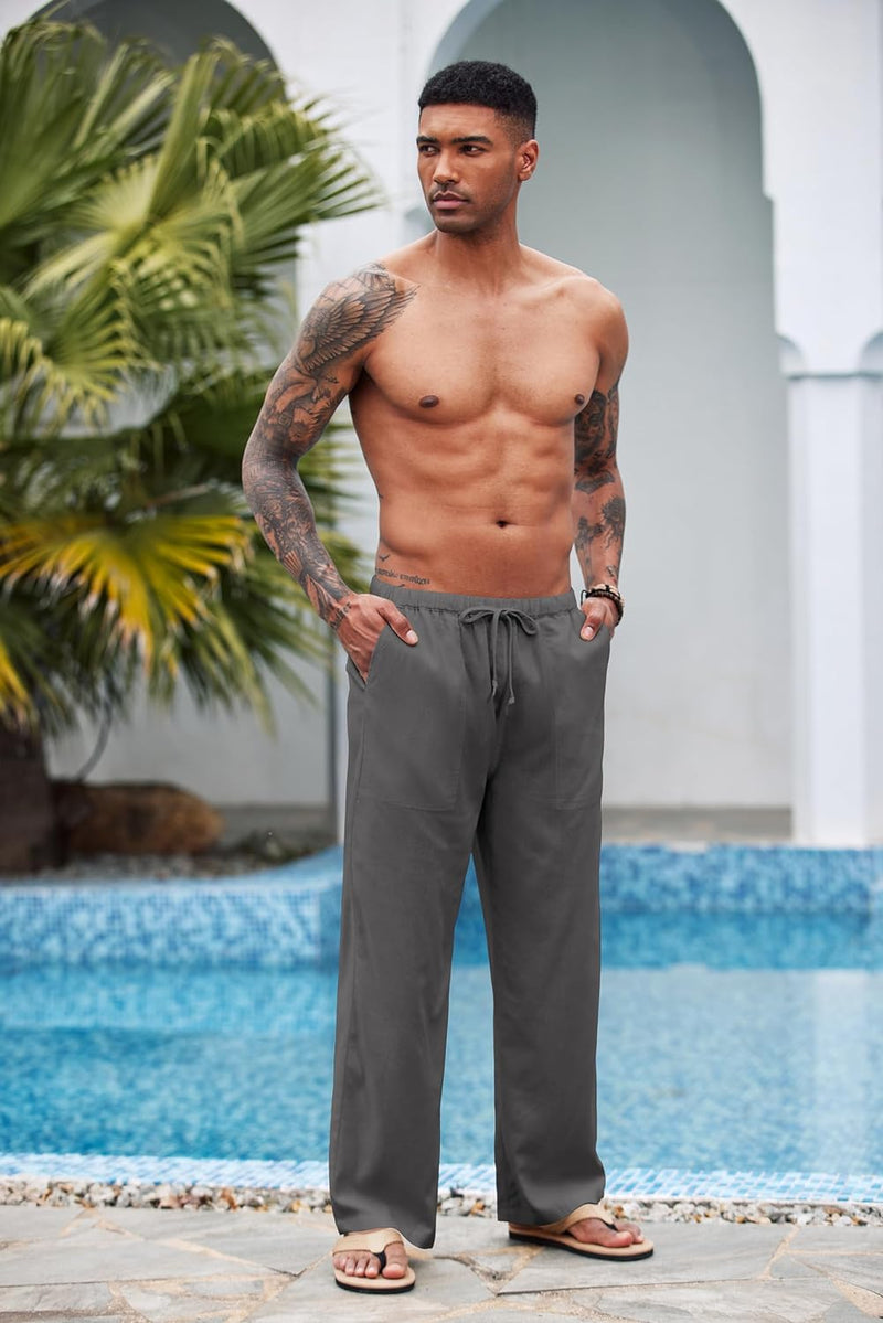 COOFANDY Herren Hose Lange Leinenhose Leicht Sommerhose Strandhose Elastische Taille Yoga Hosen Männ