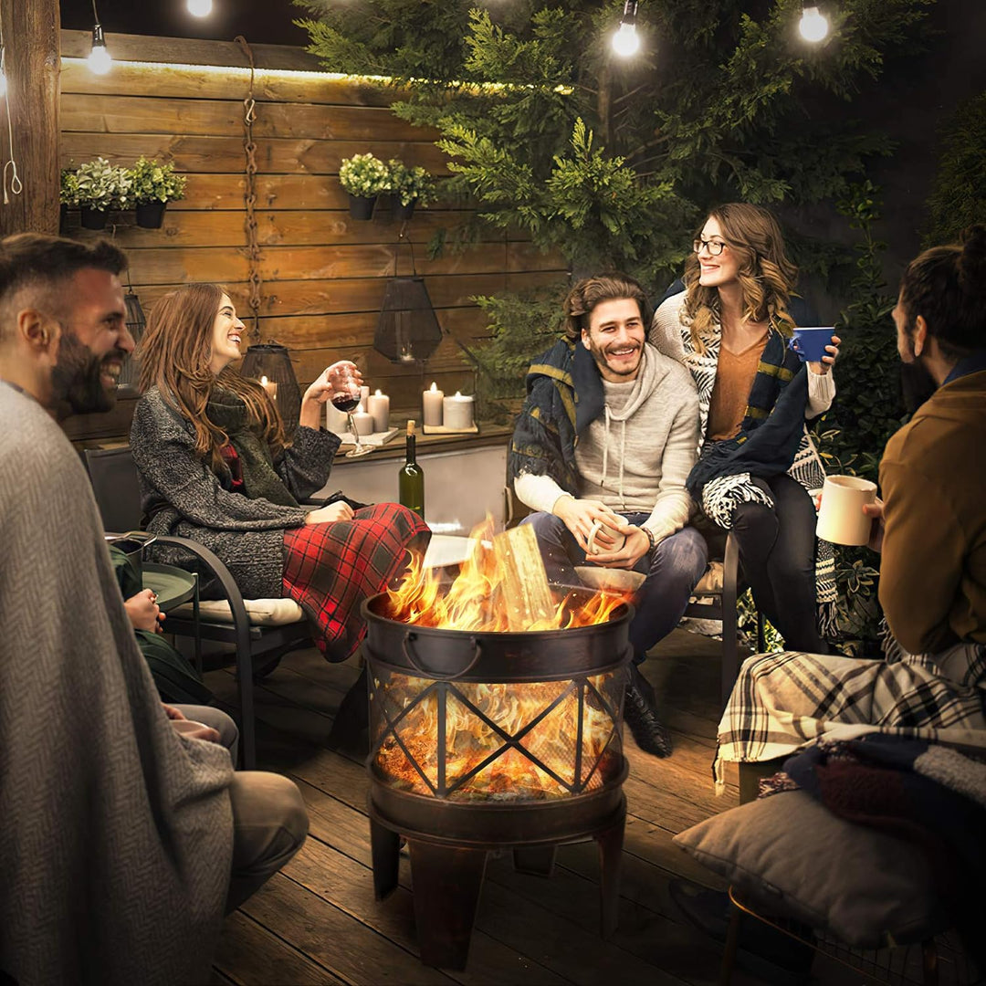 Feuerschale 58 x 42 cm, Feuerkorb, Feuerschale Rund in Antik-Rost-Optik, Kamin mit Griff und Schürha