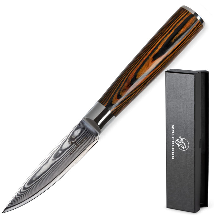 Wolfblood Damastmesser Schälmesser S (20cm) TÜV geprüfter 62 HRC Damaststahl aus 67 Lagen I Obstmess
