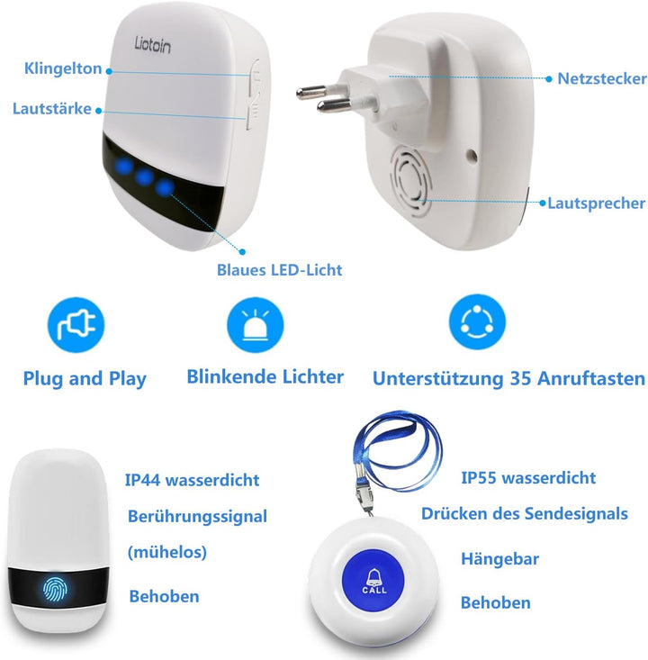 LIOTOIN Notrufknopf für Senioren Notruf Alarm Knopf Kabellose Hausnotruf Senioren SOS Alarmanlage Se