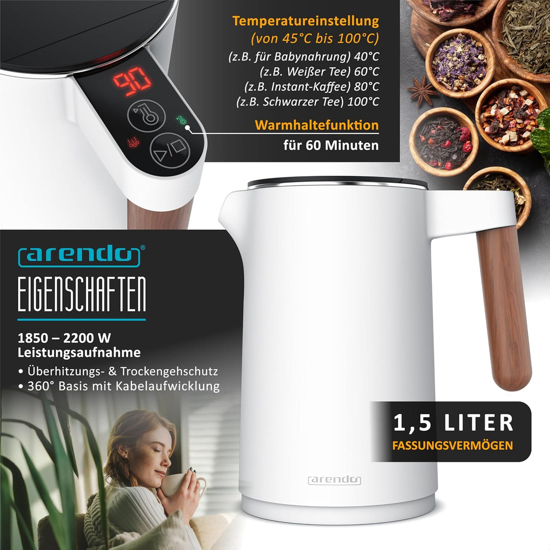 Arendo - Wasserkocher Toaster SET - Edelstahl - Wasserkocher mit Temrpatureinstellung - 45-100 Grad