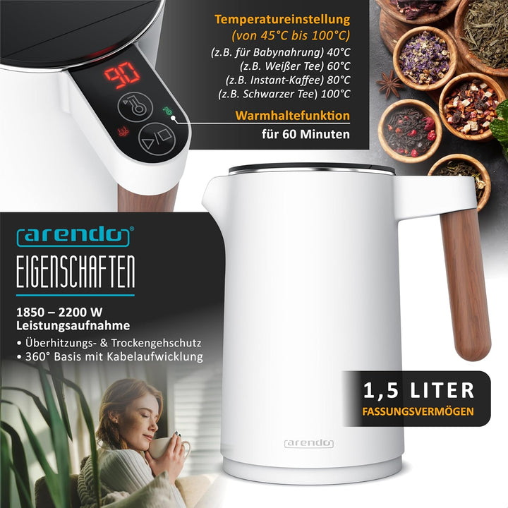 Arendo - Wasserkocher Toaster SET - Edelstahl - Wasserkocher mit Temrpatureinstellung - 45-100 Grad