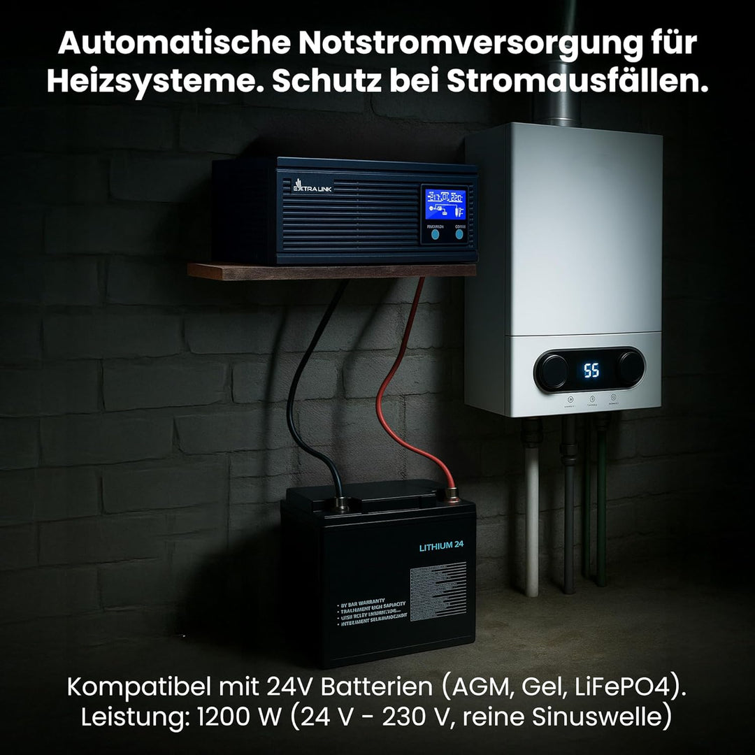 Extralink Notstromversorgung UPS 1500VA/1200W Wechselrichter Reiner Sinus Pro 24VDC USV Inverter Int