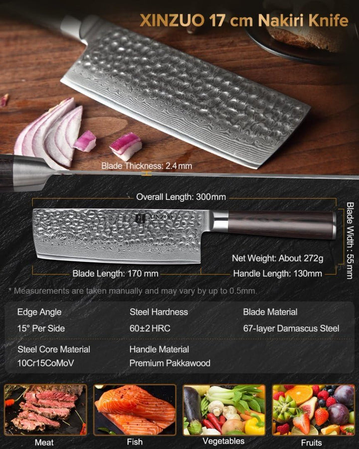 XINZUO Nakiri Damast Kochmesser Küchenmesser Klinge 17,0cm, Japanischem Damaststahl High-Carbon Stah