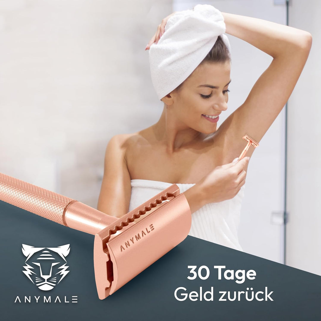 ANYMALE® Rasierhobel Rosegold Edition - inklusive 5 ASTRA Klingen - Plastikfreier Damen Rasierer aus