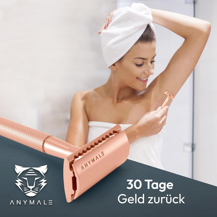 ANYMALE® Rasierhobel Rosegold Edition - inklusive 5 ASTRA Klingen - Plastikfreier Damen Rasierer aus