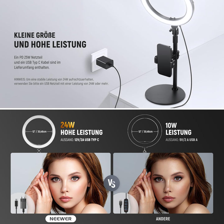 NEEWER 12" 24W Hochleistungs Desktop Ringlicht mit Stativ/Handyhalterung, LED Konferenz Selfie Licht
