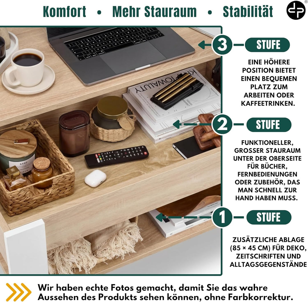 defiPad Couchtisch Höhenverstellbar mit Stauraum, Wohnzimmertisch Sonoma Eiche/Weiss mit hochziehbar