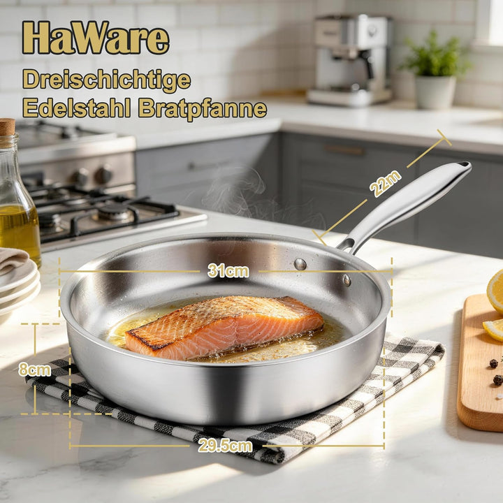 HaWare Edelstahlpfanne 30 cm, 3-Lagige Edelstahl Pfanne Induktion,Unbeschichtet Bratpfanne für Alle