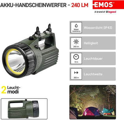 EMOS LED Akku-Handscheinwerfer für Aussen mit Tragegurt, superhell 240lm, 300m Leuchtweite, 72 St. L