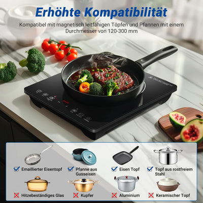 AMZCHEF Einzel Induktionskochplatte, 3500W Induktionskochfeld 1 Platte mit Doppelter Ring, 9 Leistun