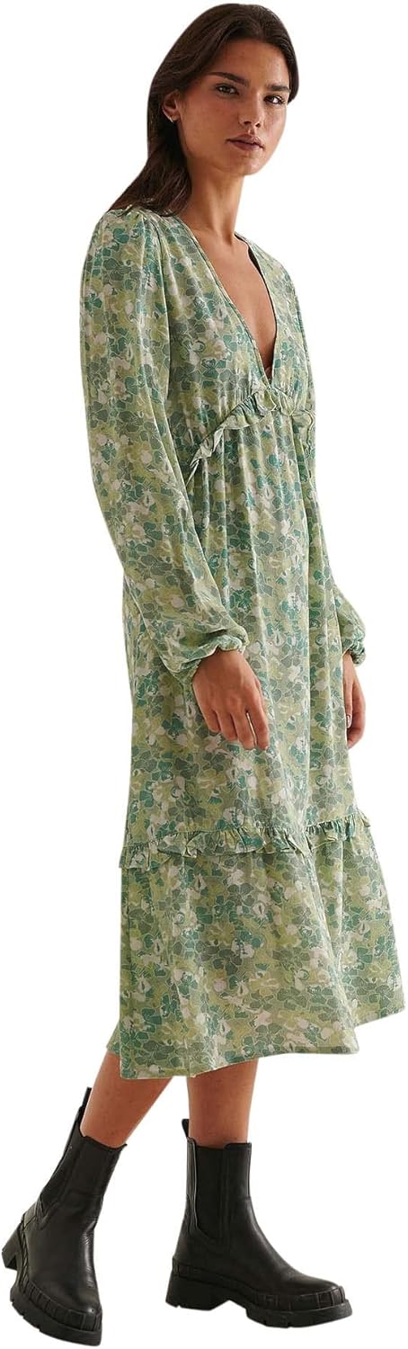 NA-KD Damen Midi-rüschenkleid mit Ballonärmeln Lässiges Kleid 36 Grün/Blumen, 36 Grün/Blumen
