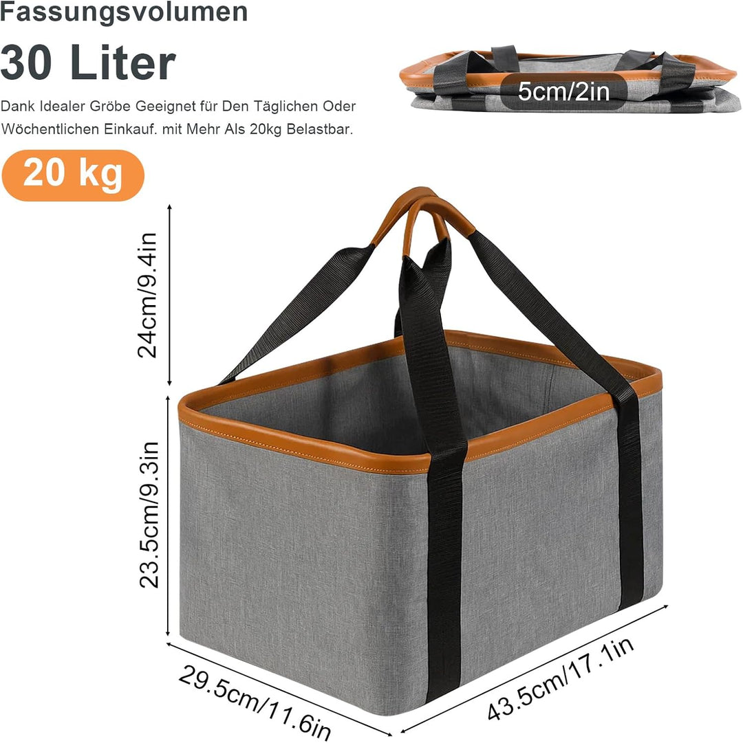 Faltbare Einkaufstasche, 30L Grosse Kapazität Einkaufskorb mit veganem Ledergriff, wasserdichte Oxfo
