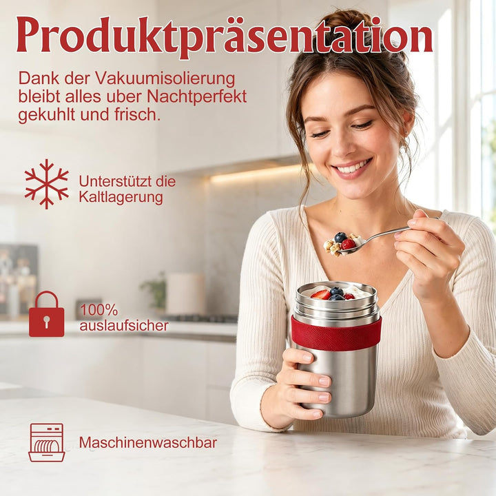 Edelstahl Müslibecher to Go mit Löffel, 500 ml + 220 ml Vakuumisolierter Joghurtbecher to Go Doppelt