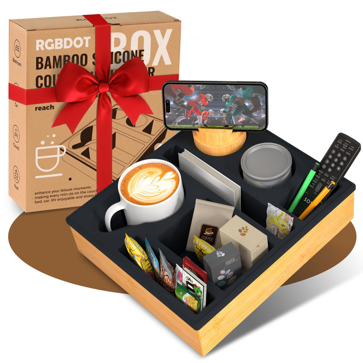 Couchbar Snackbox Silikon sofatablett mit 360 Grad Drehbar Handyhalter beistelltisch mit Holz Sofata