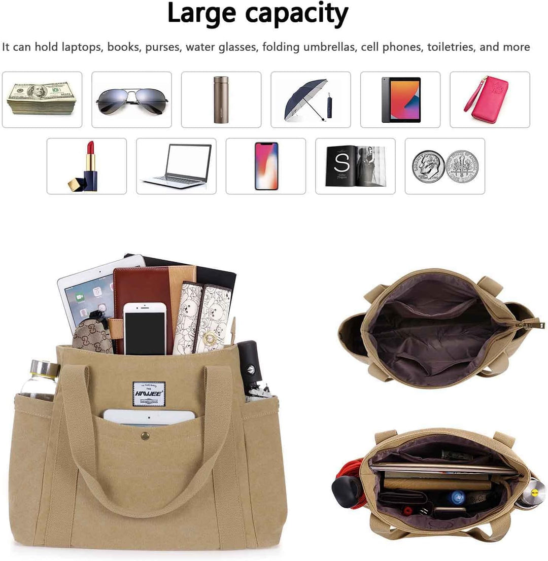 HAWEE Canvas Damen Handtasche Shopper Tote Bag Grosse Schultertasche mit Reissverschluss Umhängetasc