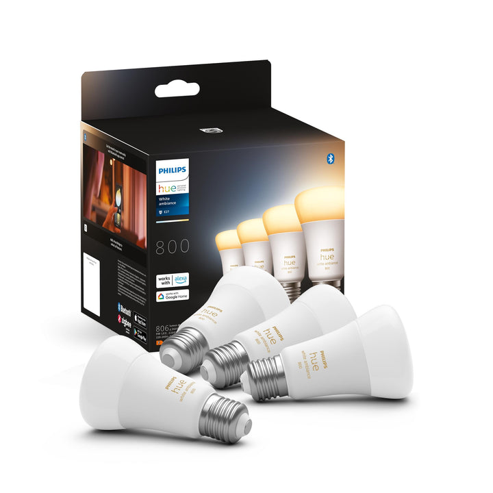 Philips Hue White Ambiance E27 LED Leuchten 4-er Pack, 4x800, dimmbare LED Lampen für das Hue Lichts