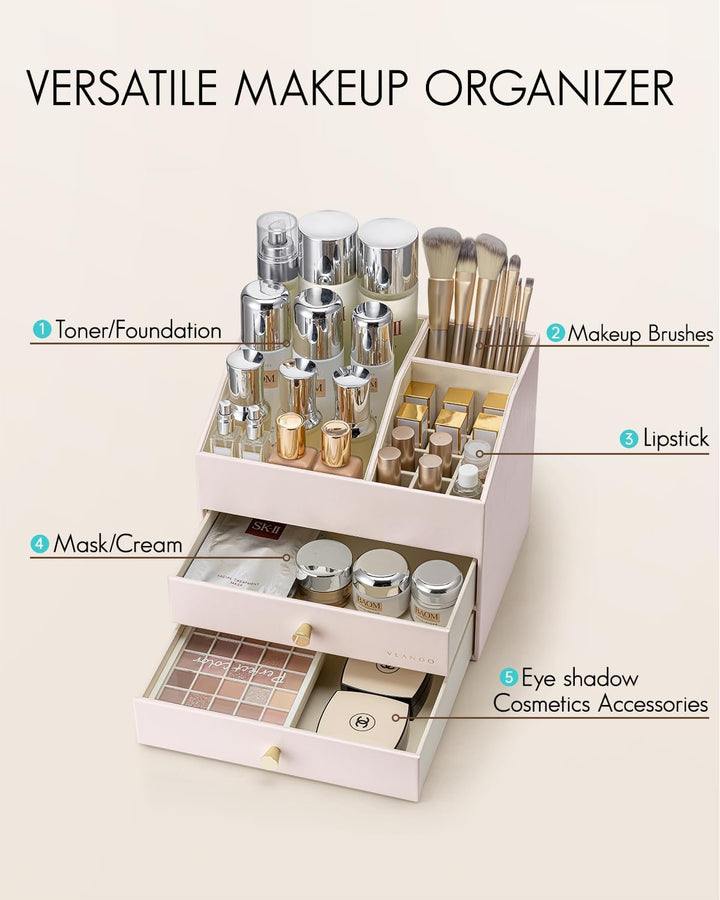 Vlando Make up Organizer mit 3 Schubladen, Schminktisch Organizer, Kosmetik Organizer, Schmink Organ