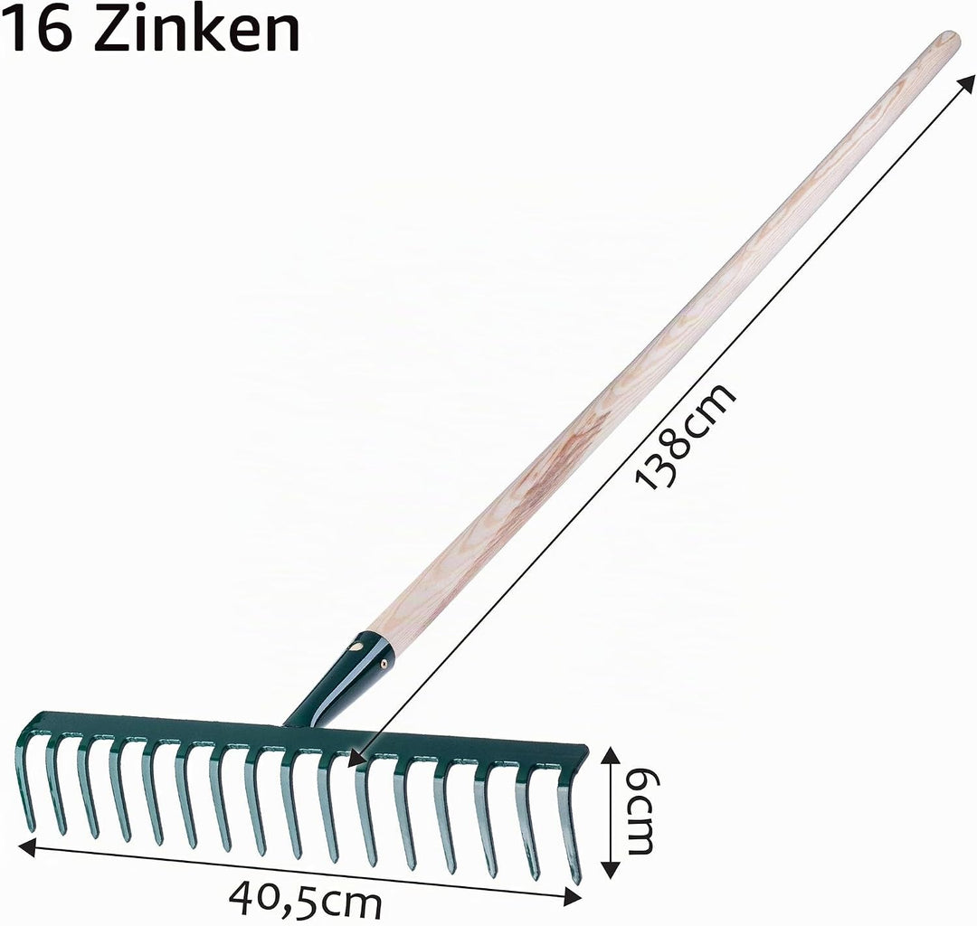 KADAX Rechen aus Metall, Flache Harke mit Stiel aus Holz, Laubbesen für Garten, Beet, Laubrechen, Ra
