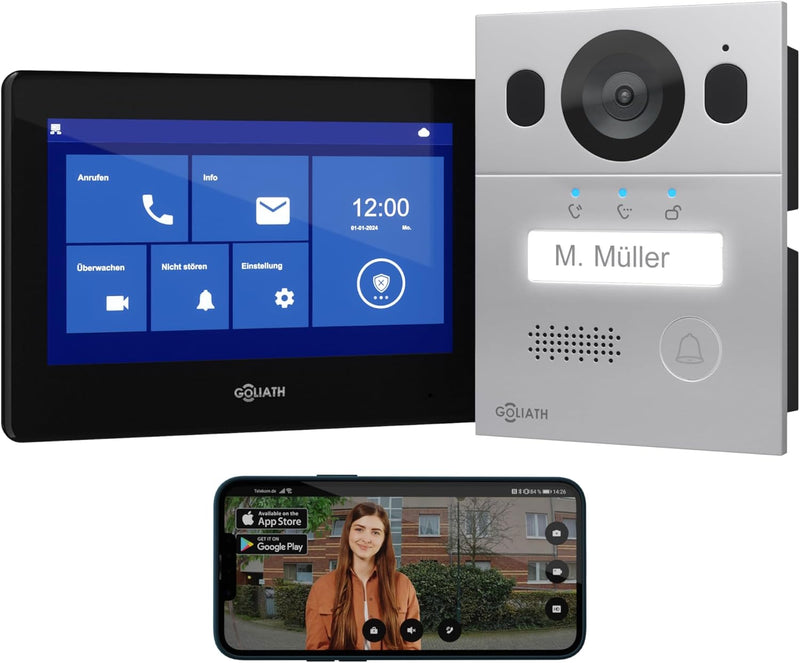 GOLIATH Basic Video Türsprechanlage, 2 Draht Bus, 7" Monitor, Unterputz Türklingel mit Kamera, Gegen
