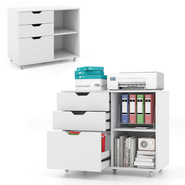 KOMFOTTEU Rollcontainer mit 3 Schubladen & verstellbarem Regal, mobiler Aktenschrank mit 5 Rollen, D