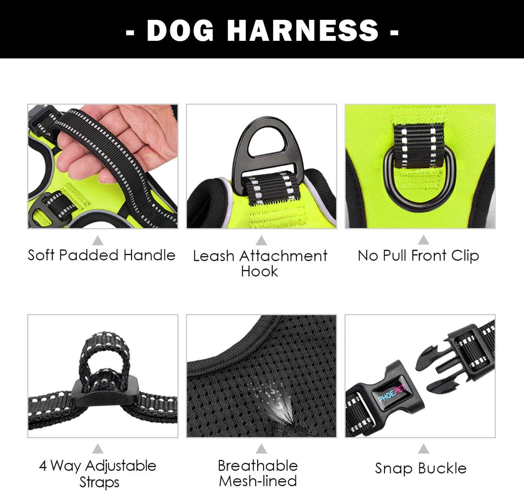 Phoepet Anti-Zieh-Hundegeschirr, reflektierend, verstellbar, mit Trainingsgriff, Namensausweisfach,