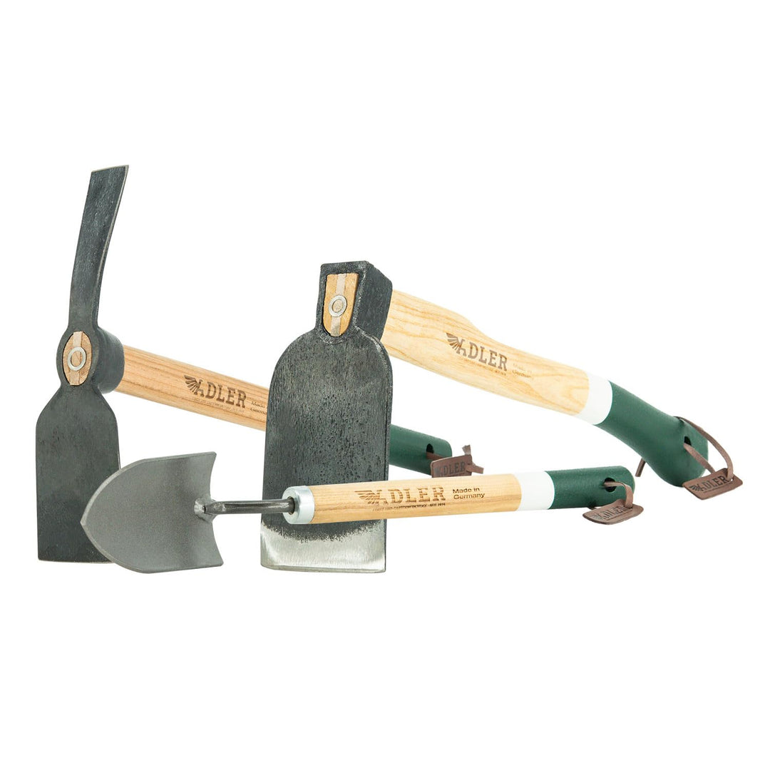 ADLER Garten-Set 3-TLG. – Geschmiedete Hacke, Kleinhacke Ivy &amp; Pflanzkelle Holly – 45 cm Eschenholz-