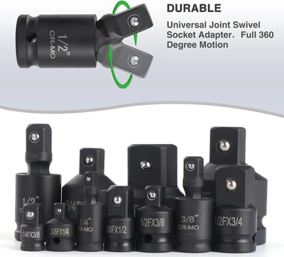 eROOSY 11tlg. Kreuzgelenk Satz, Stecknuss Adapter, Kraft Adapter Satz 1/4" 3/8" 1/2" 3/4", Impact So