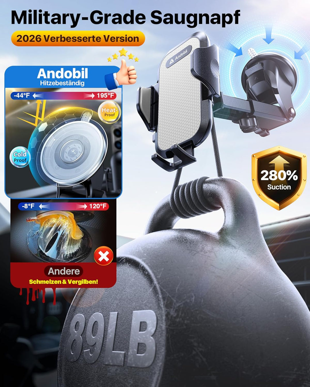 andobil Handyhalterung Auto [2026 Neueste Saugnapf] 3 in 1 Saugnapf & Lüftung Halter Universale KFZ