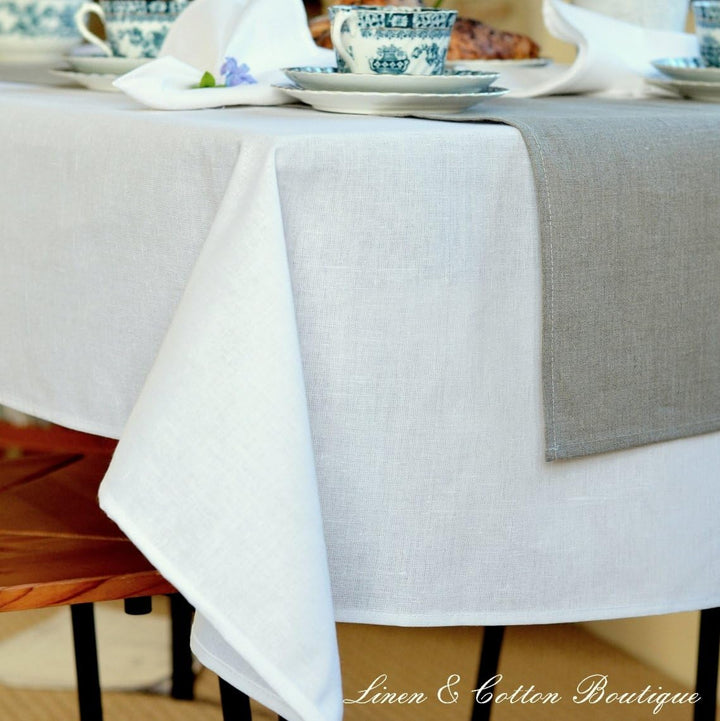 Linen & Cotton Elegante Tischdecke Rund/Oval Amelia - 100% Leinen, Weiss/Weiss (Durchmesser 156cm) T