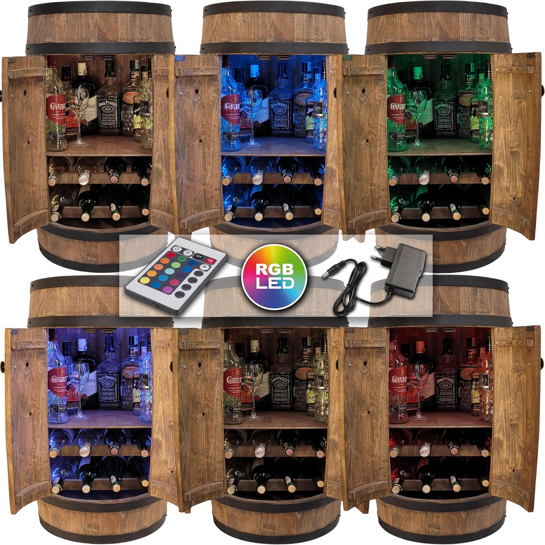 weeco Fassbar mit Tür und Weinregal RGB LED Beleuchtung, Hausbar Weinrack 80x50cm. Rustikaler deko B