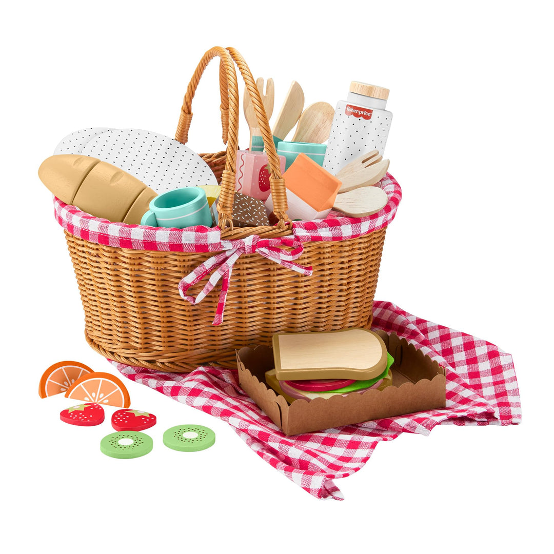 Fisher-Price Picknickkorb-Set aus Holz für Rollenspiele, 31 Holzteile für Kindergartenkinder ab DREI