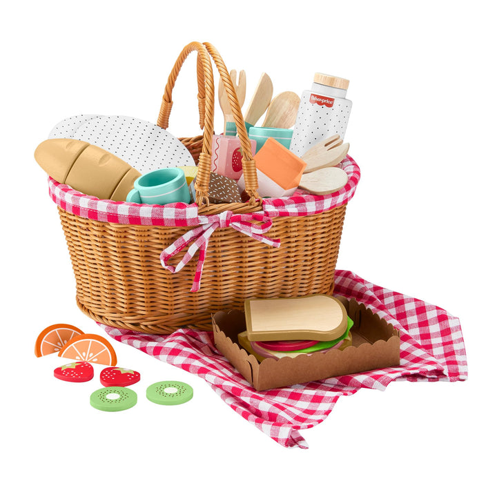 Fisher-Price Picknickkorb-Set aus Holz für Rollenspiele, 31 Holzteile für Kindergartenkinder ab DREI