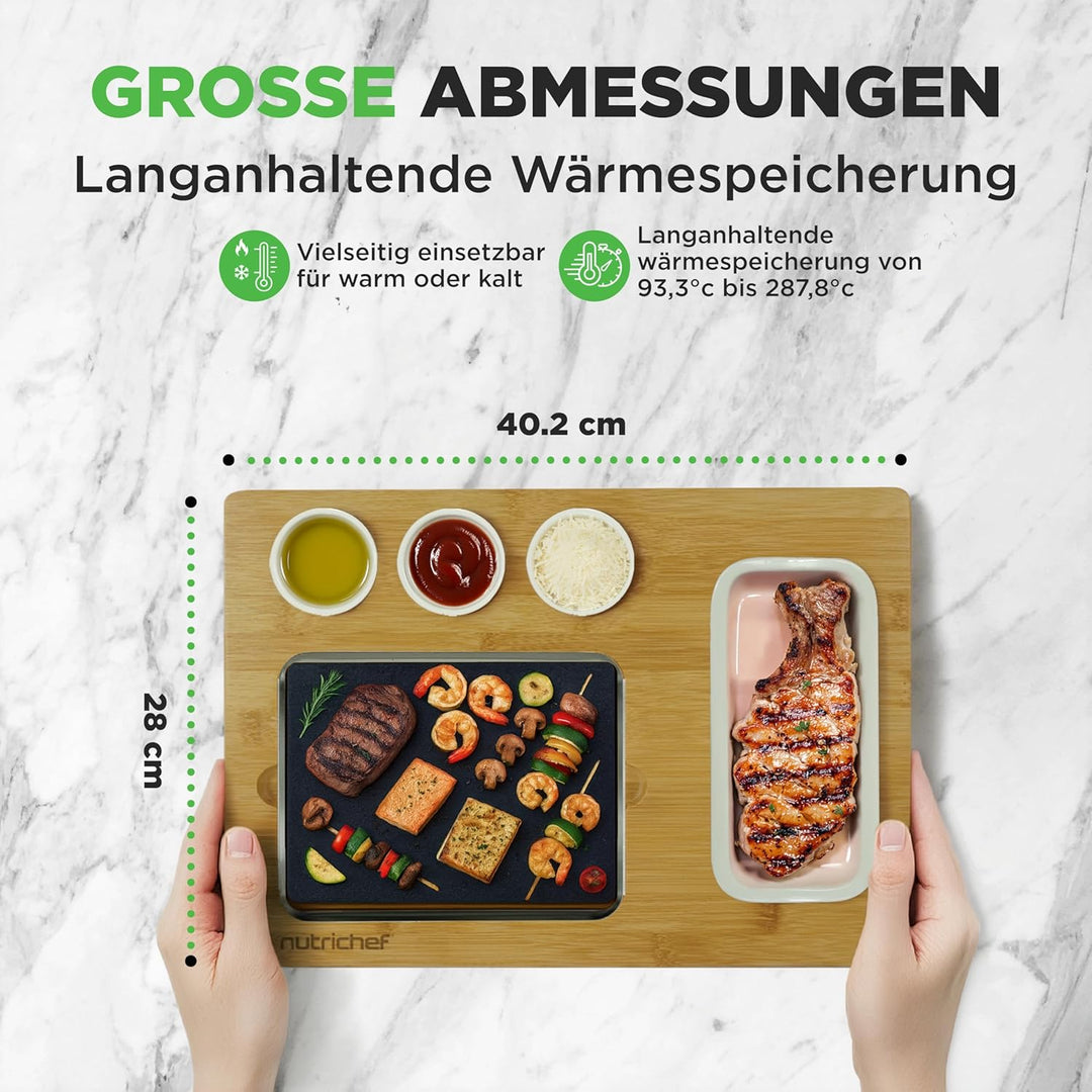 NutriChef Heisser Stein Grillplatte – Tischgrill-Set mit Bambus und Keramik Ideal für Steak und Dinn