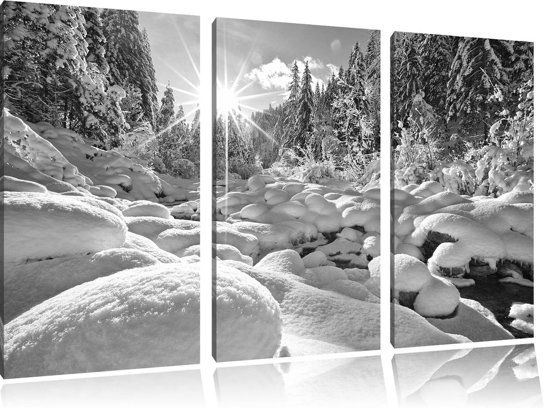 Pixxprint Sonnenstrahlenbedeckten Wald B&W / 3-Teilig/Gesamtmass 120cm Leinwandbild bespannt auf Hol