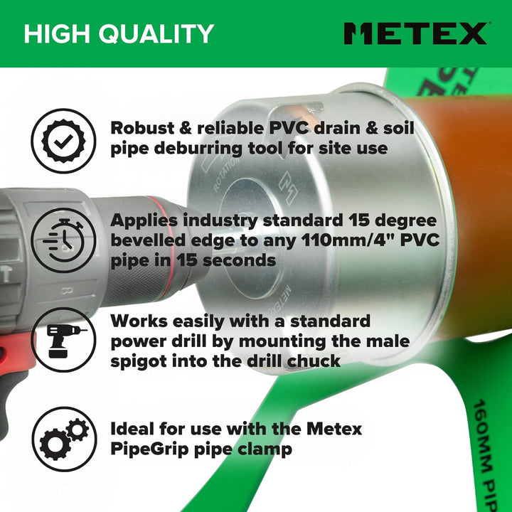 Metex Chamf 110 mm PVC Kunststoff Boden Drainage Rohr Fasen Werkzeug – Bohrmaschine montiert