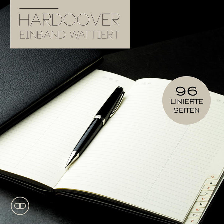 DELMON VARONE - Personalisierbares Adressbuch DIN A5 gebunden mit A-Z Register Softgrain Leder schwa