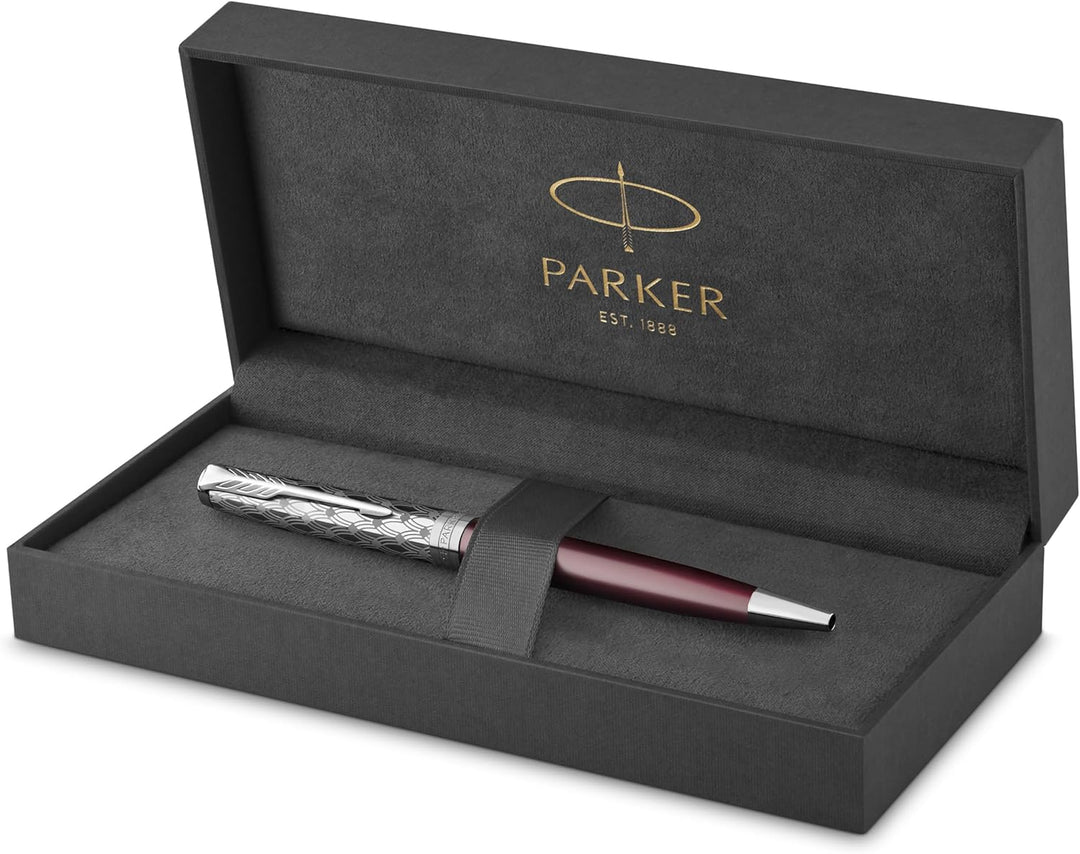 PARKER Sonnet Kugelschreiber | Premium Metal & Red Satinierung mit Chromverkleidung | Medium Spitze