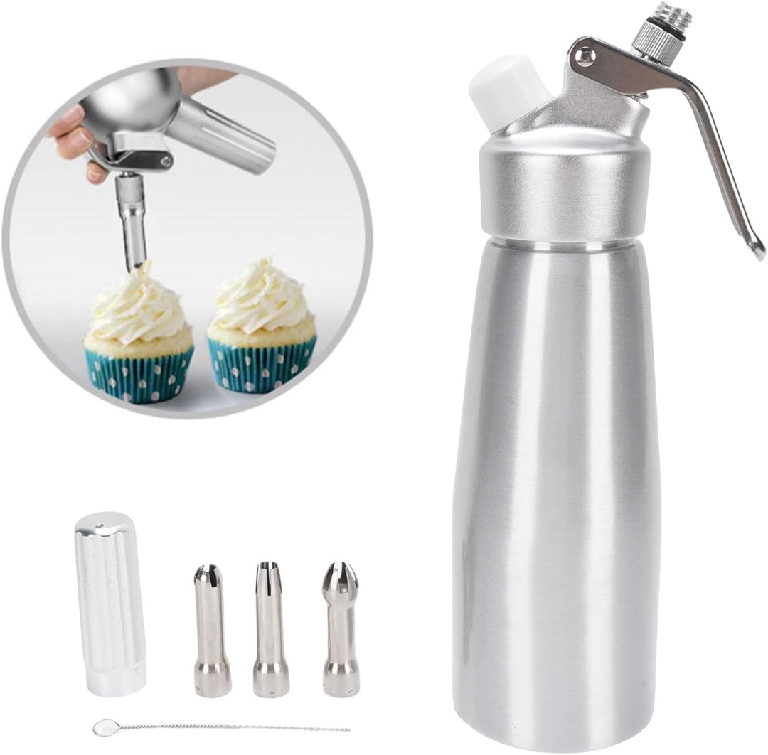 Fockety Professioneller Schlagsahne -Spender, 500 Ml Aluminiumcreme Whipper mit 3 Dekorationsdüsen u