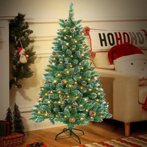 YRHome 120cm Künstlicher Weihnachtsbaum mit Beleuchtung Grün PVC mit Schnee-Effekt & Kiefernzapfen L