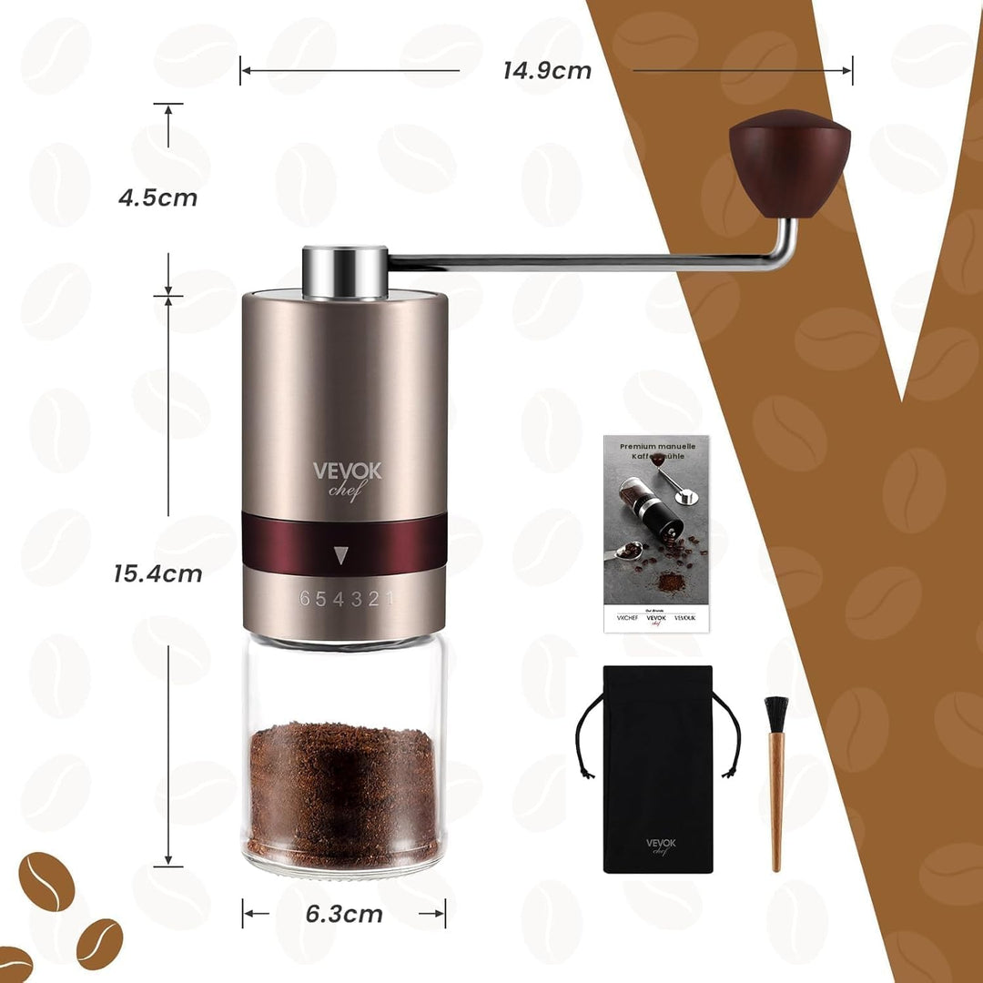 Vevok Chef Manuelle Kaffeemühle mit 6 Externen Einstellbaren Grobheit für Espresso bis French Press,