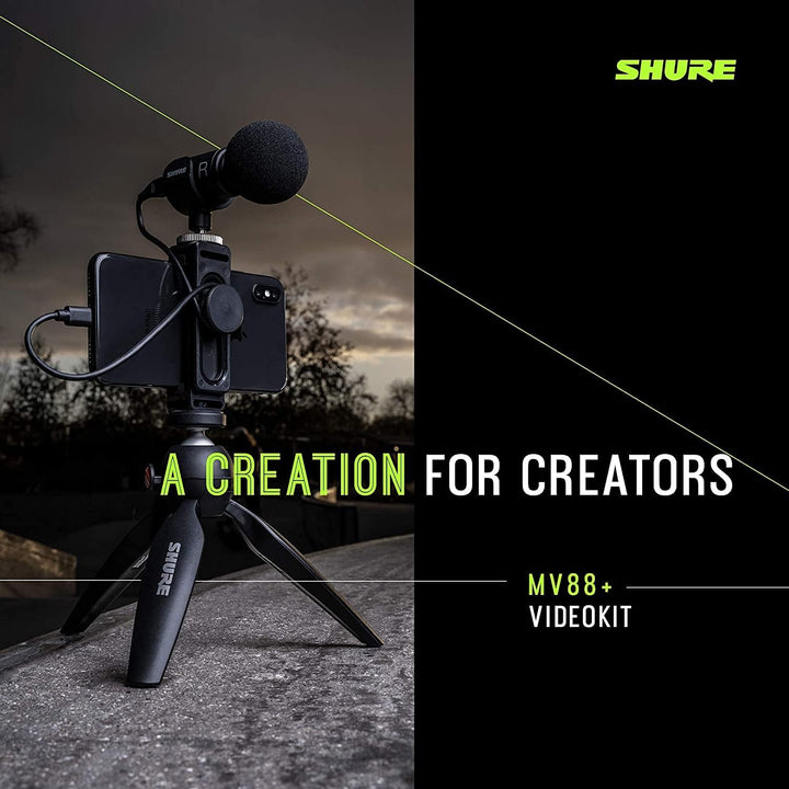 Shure MV88+ Video Kit mit digitalem Stereo-Kondensatormikrofon für Apple und Android, Schwarz & AMV8