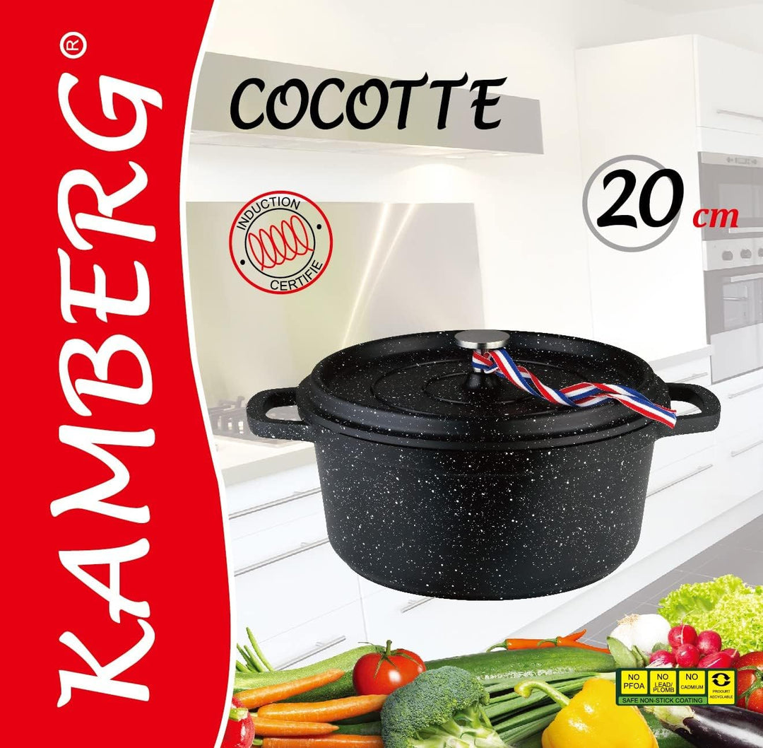 Kamberg – 0008194 – Schmortopf 20 cm Durchmesser, rund, schwarz – Aluminiumguss – Beschichtung in St