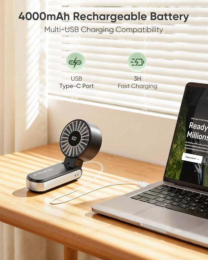 TriPole Handventilator, tragbarer USB Ventilator, 5 Geschwindigkeiten, starker Luftstrom, LED-Anzeig