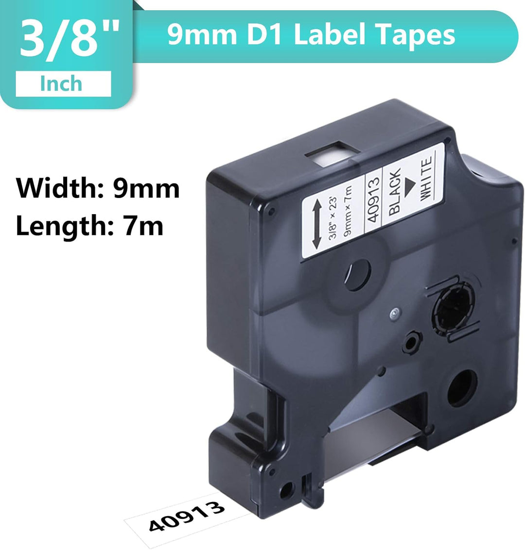 8x Hehua 40913 Etikettenband Ersatz für Dymo D1 9mm x 7m Schwarz auf Weiss | 40913s S0720680 Bänder