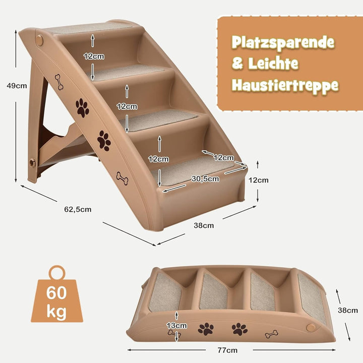 COSTWAY 4-stufige Haustiertreppe mit Teppichboden, Hundetreppe Kunststoff Katzentreppe faltbar, Hund