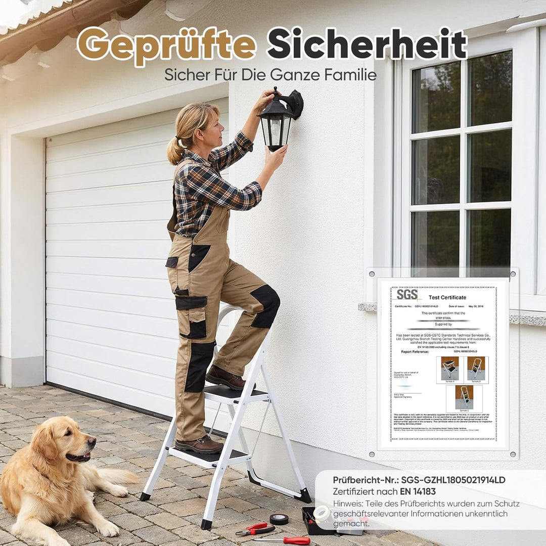 Sekey Leiter 2 Stufen klappbar, Stabile Trittleiter aus Stahl, rutschfest, Platzsparend Klappbar, Tr
