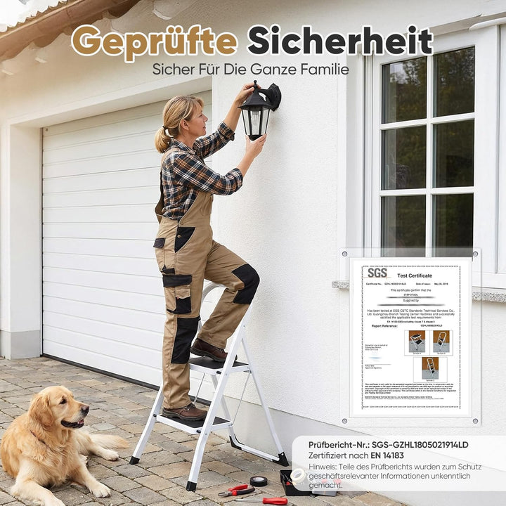 Sekey Leiter 2 Stufen klappbar, Stabile Trittleiter aus Stahl, rutschfest, Platzsparend Klappbar, Tr