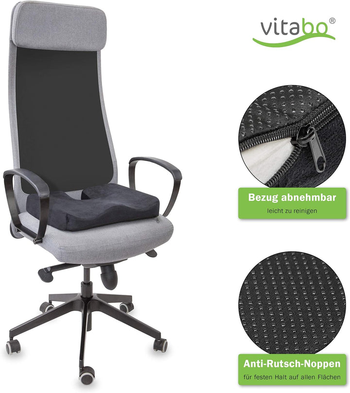 Vitabo ergonomisch geformtes Sitzkissen, Steissbein-Kissen mit extra Dicker Gel-Schicht (Schwarz), S