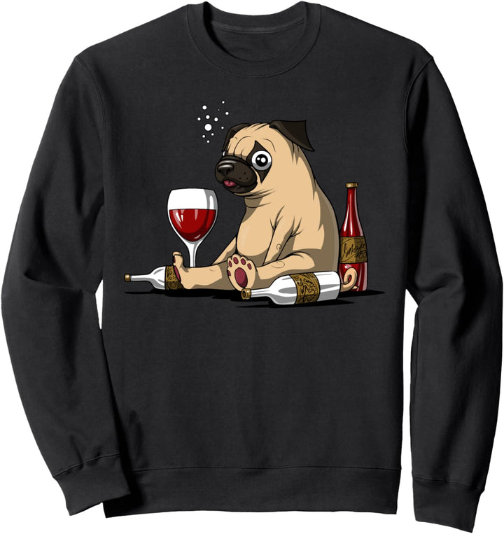 Mops Hund Wein Trinken Party Feier Männer Dammen Sweatshirt